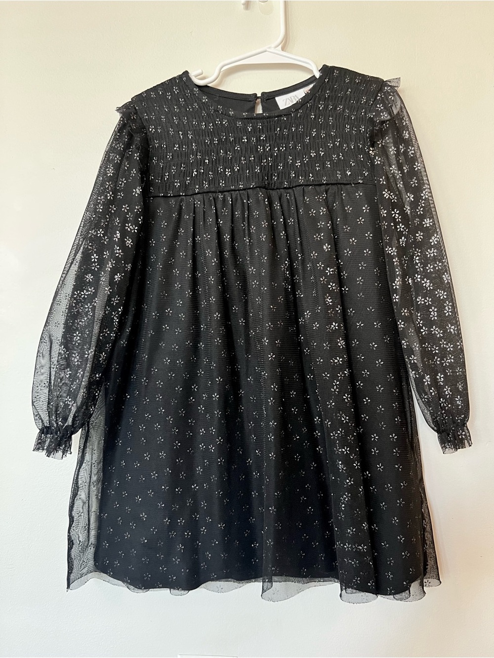 Zara Girls Black Tulle Dress 4-5 Silver Glitter Flowers Long Sleeve Holiday